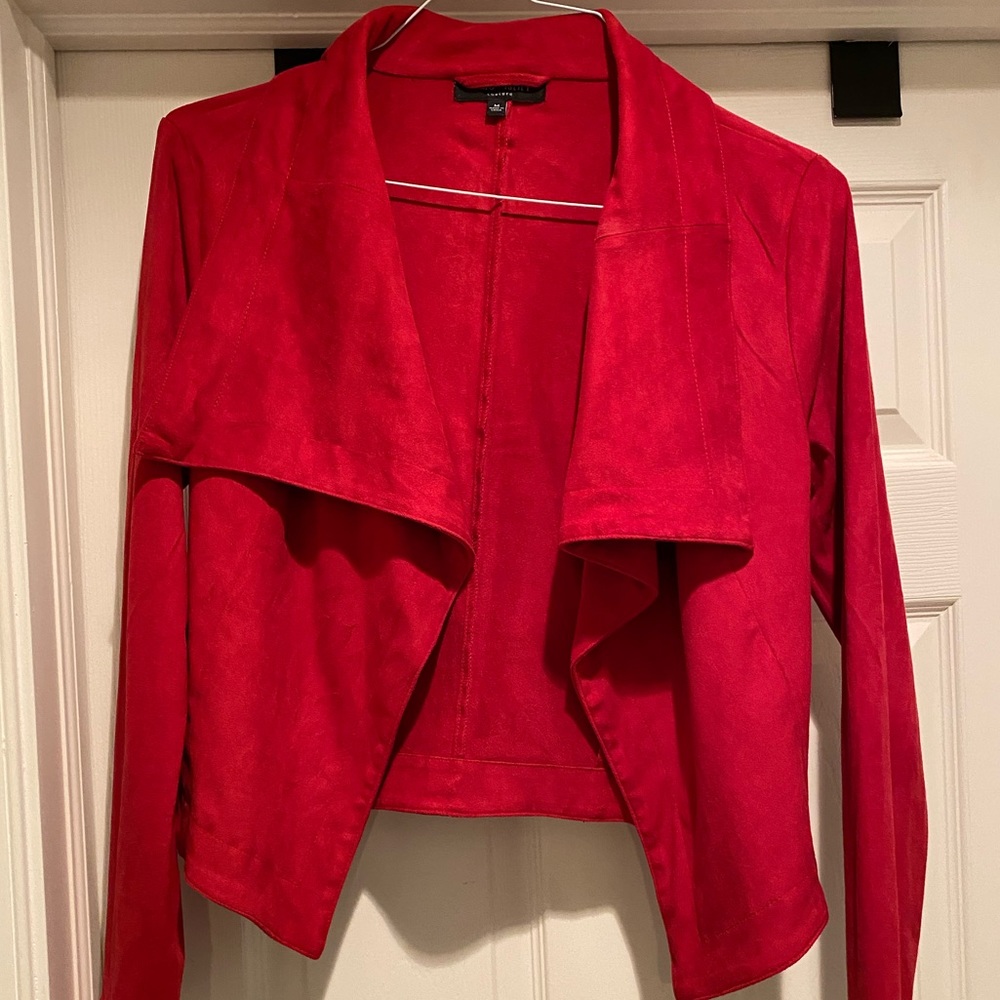 Red Faux Suede Cascading Open Front Jacket